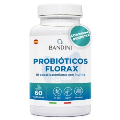 Imagen de Bandini® FLORAX PROBIOTICS Máxima concentración de Probioticos y Prebioticos intestinales Lactobacillus Bifidobacterium 20 mil millones UFC/g* Enzimas Digestivas 14 Cepas Bacterianas