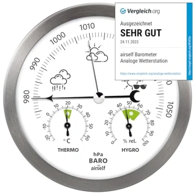 Imagen de airself Estación meteorológica analógica para Interiores y Exteriores con barómetro, termómetro, higrómetro Acero Inoxidable