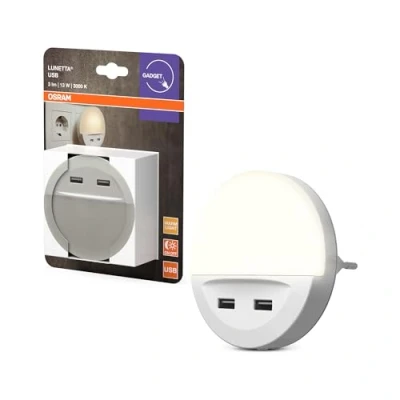 Imagen de OSRAM LUNETTA LED Lámpara de noche blanca, con salida USB, sensor día noche, soporte para móvil integrado, sistema enchufable, blanco cálido, IP20