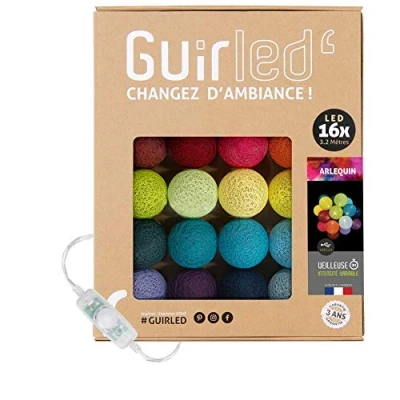 Imagen de GuirLED Guirnalda luminosa bolas de algodón LED USB Luz noche para bebé 2h Adaptador corriente dual 2A incluido 3 intensidades 16 1,6m Arlequin