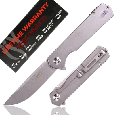 Imagen de Firebird GANZO FH12 SS cuchillo plegable de bolsillo D2, hoja acero inoxidable, mango con clip para acampar al aire libre, pesca, caza, EDC (todo acero)