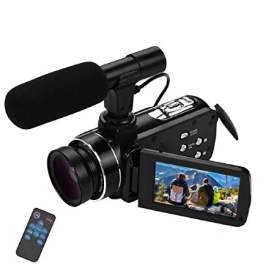 Imagen de Andoer Videokamera HD con Objetivo Gran Angular 0.45X y micrófono, videocámara Digital 4K Full Sensor CMOS Camcorder 18X Zoom Vlogging Camera para Youtube