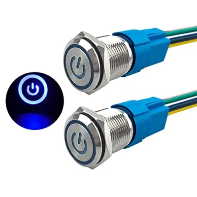 Imagen de Aiqeer 2 Piezas 16 mm Interruptores de Botón Autoblocante, 12V / 24V 5A Interruptor LED Azul, Pulsador Metálico Impermeable, con Enchufe Precableado