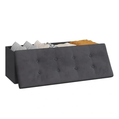 Imagen de WOLTU Puff Baúl Plegable Rectángulo Taburete para Almacenamiento Otomanos Caja de Almacenaje con Tapa Reposapiés Sofá 110x37,5x38cm Terciopelo Material Madera Gris SH73gr