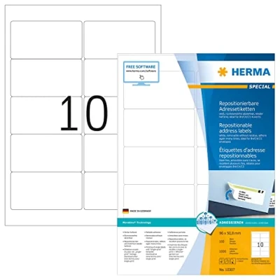 Imagen de HERMA 10307 Etiquetas universales despegables, 1400 hojas, 96 x 50,8 mm, 10 hojas por A4, 14000 unidades, autoadhesivas, imprimibles, mate, papel en blanco, pegatinas blancas