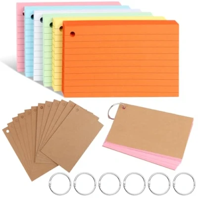 Imagen de TNEDFOD 300 Piezas Flashcards, 12,3 x 7,3 cm Multicolor Tarjetas de Estudio con Anillo Carpeta, Fichas Cartulina Rayas, Índice Para Estudiar, Oficina Escolar, Hogar (6 Colores)