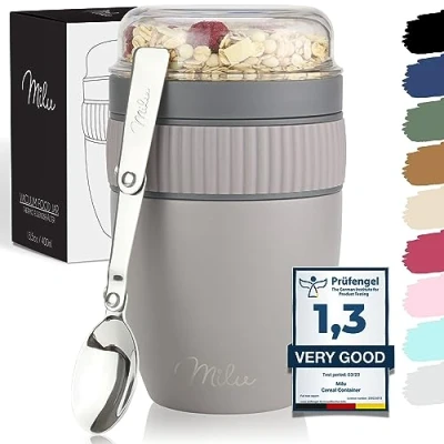 Imagen de Milu Taza para muesli to go 400ml acero inoxidable I Vaso con 2 Partes sopas ensaladas Pasta yogur postres aso de a prueba derrames cuchara (Gris topo)