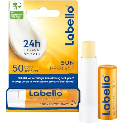Imagen de Labello Sun Protect SPF 50 Tratamiento labial impermeable con alta protección solar, cuidado de labios sin aceites minerales manteca karité, vitaminas y naturales (4,8 g)