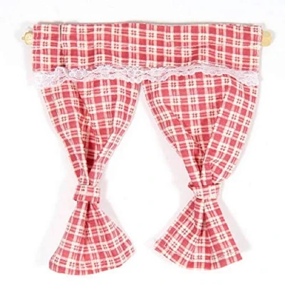Imagen de Melody Jane Casa de Muñecas Crema Rojo Cuadros Cortinas Atado con Respaldo en Riel 1:12 Ventana Accesorio