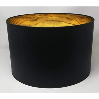 Imagen de Pantalla Cilíndrica de tela negra con interior dorado, Hecha a mano, para lámpara mesa, techo, pie (40 cm Diámetro, 25 Altura)