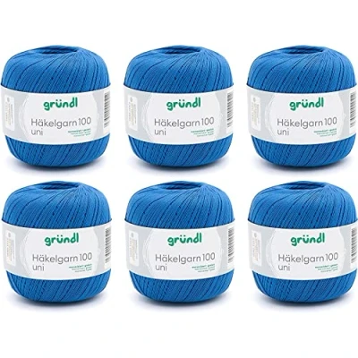 Imagen de Gründl Häkelgarn, Vorteilspack 6 Knäuel à 100 g Plain (Hilo de Ganchillo 100% Mercerizado, 566 m, tamaño la Aguja: 1,5 2, x g), Azul Real, Algodón, Royal Blue, One Size, 600