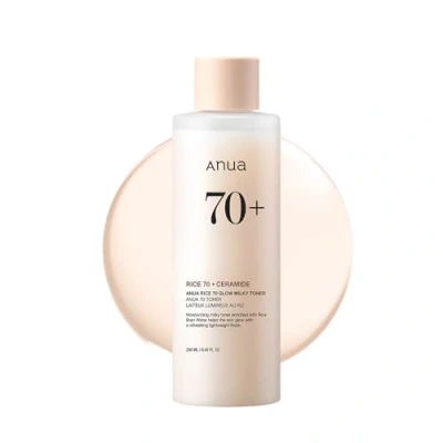 Imagen de ANUA Tónico lechoso iluminador Rice 70 Glow, para piel de cristal e iluminador, agua arroz, niacinamida, ceramidas, pantenol, no comodogénico, seguro acné fúngico, 250 ml/8,45 fl.oz.