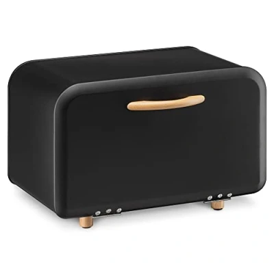 Imagen de Navaris Paneras para guardar el pan Panera con diseño retro Contenedor de metal Tapa y asa Madera Negro