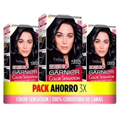 Imagen de Pack de 3 Cajas Coloración Color Sensation Garnier: Vivo y Duradero, Cobertura Completa Canas, Fácil Aplicación con Bol Pincel, Cabello Suave Sedoso, 2.10 Negro Azulado