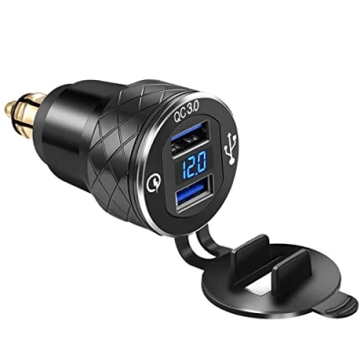 Imagen de iMESTOU Adaptador de Cargador USB con Enchufe DIN Hella Aluminio QC3.0 Compatible para Motocicletas BMW Triumph Tiger Ducati voltímetro a Prueba Agua