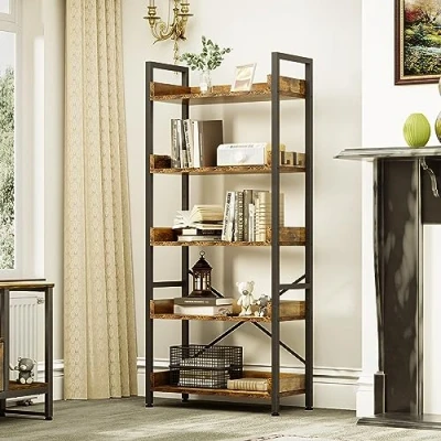 Imagen de YITAHOME Estantería de 5 Niveles, Librería pie para Libros, Estante Madera y Marco Acero Estable, con 4 Ganchos, Almacenamiento Industrial Sala Estar, Marrón Rústico