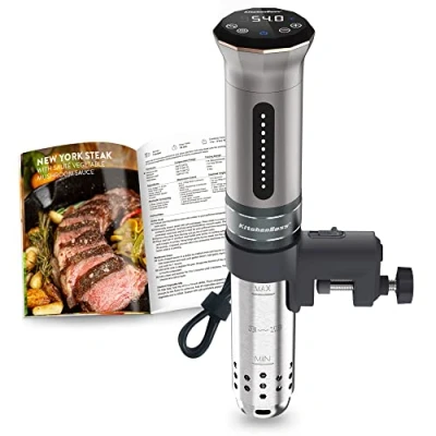 Imagen de KitchenBoss Sous Vide Stick 1100 W: IPX7 resistente al agua Garer, ciculador de inmersión con pantalla LED y termostato ajustable para una cocción precisa, acero inoxidable plateado
