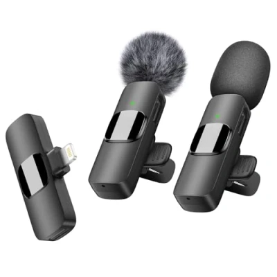 Imagen de Micrófono Lavalier inalámbrico para iPhone iPad profesional de solapa con clip grabación video, Vlog, YouTube, TikTok (resistente al viento/2 micrófonos)