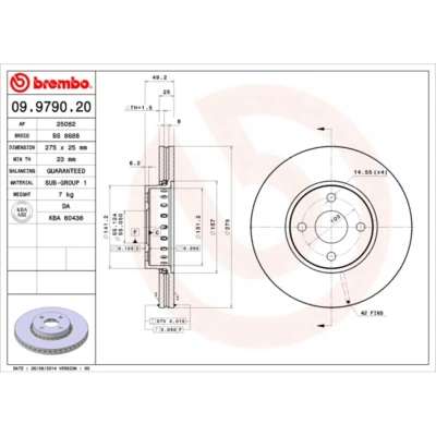 Imagen de BREMBO 09.9790.20 Disco de freno 276 25 4 ventilación interna TOYOTA: Corolla Verso, IX Berlina, Station Wagon