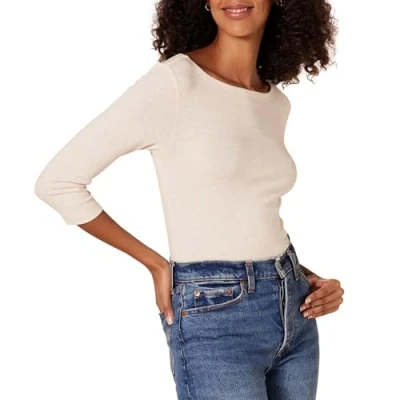 Imagen de Amazon Essentials Camiseta de Manga 3/4 y Escote Barco Corte Estrecho Mujer, Avena Mezcla, XS