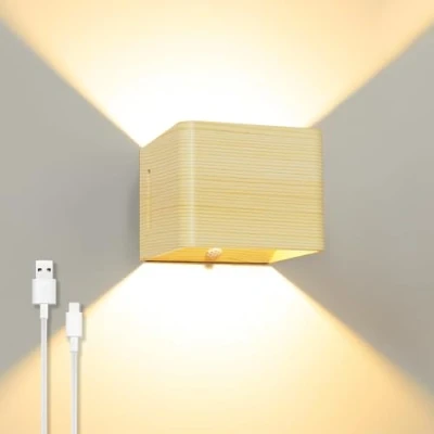Imagen de ACMHNC Aplique de Pared Interior con Sensor Movimiento,5W USB recargable LED Lámpara sin cable Interruptor, Grano madera, 2000mAh Batería, Blanco cálido pasillo magnética