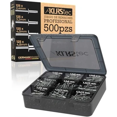 Imagen de KLRStec Profesional Juego de Remaches Ciegos [500pcs] Aluminio/Acero Remache Pop Set para Remachadora 125 Piezas cada tamaño (2,4mm, 3,2mm, 4,0mm y 4,8mm)