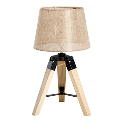 Imagen de HOMCOM Lámpara de Mesa Moderna y Original con Base Trípode Madera Pantalla Tela Lino para Salón o Dormitorio 24x24x45cm E27 Máx. 40W Crema