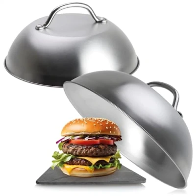 Imagen de COM FOUR® 2x tapa para hamburguesas fabricada en acero inoxidable 304 derretida con queso cocina, parrilla y teppanyaki
