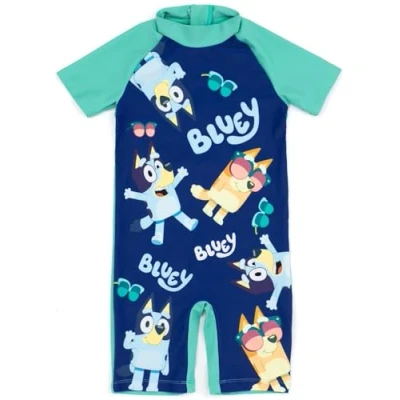 Imagen de Bluey Boys Surf Suit Traje de baño niños pequeños Bingo Perro Personaje Gafas Sol Azul Verde Mercancía Animada del Logotipo Programa televisión para