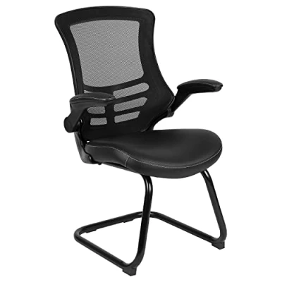 Imagen de Flash Furniture Kelista Silla de recepción Lateral con Base Trineo Malla Negra Asiento LeatherSoft Cosido Blanco y Brazos abatibles