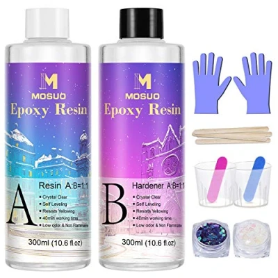 Imagen de resina epoxi Kit de transparente para principiantes, 600ml/23oz sintética accesorios y fundida Starter con brillo resina, tazas medidoras, artesanía, fabricación joyas
