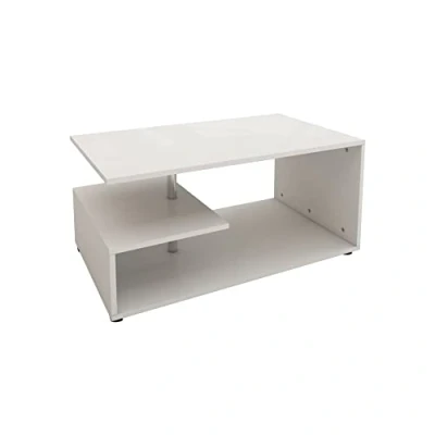 Imagen de ML Design Mesa de Centro Moderna Blanca con Barra Decorativa Metal 91x41x52,6 cm Mesita Madera Auxiliar Comedor Espacio Almacenamiento en 3 Estantes Mueble Sofá Decorativo