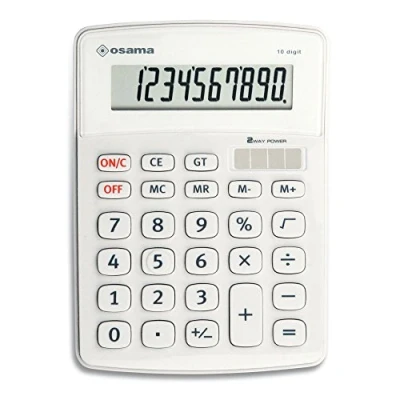 Imagen de Osama, Big Display Calculadora de Escritorio, 10 Cifras + 4 Dígitos Memoria y Pantalla LCD Ideal como Accesorios Material Oficina, Escolar Papeleria, con Energía Solar, 11x2.5x18 cm, Blanco