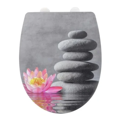 Imagen de WENKO Asiento de Inodoro «Water Lily», Superficie estructurada, Tapa del con Dispositivo automático Descenso, termoplástico a Prueba Rotura, 36,5 x 45 cm