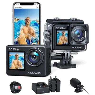 Imagen de WOLFANG Cámara Deportiva GA200 4K 24MP Doble Pantalla WiFi de Video, Acuática Sumergible 40M, 170 Gran Angular, Control Remoto EIS Mejorado, 2 Baterías, Cargador, Multi Accesorios