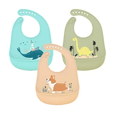 Imagen de atopo 3 Pcs Bebé Baberos de Silicona Impermeable Alimentación con Bolsillo Suave que se Limpia Fácilmente para Bebés o Niños Pequeños Comiendo