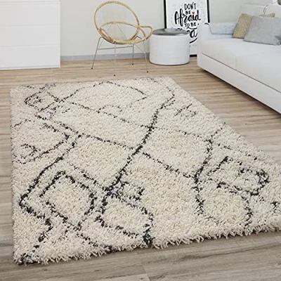 Imagen de Alfombra Salón Pelo Largo Shaggy Motivo Moderno Boho Escandinavo Rombos, tamaño:80x150 cm, Color:Crema Antracita