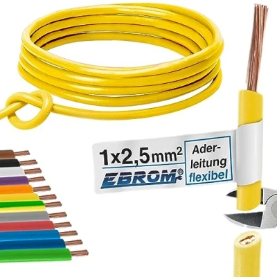 Imagen de Cable de cableado flexible PVC H07V K 2,5 mm² Color: amarillo, 5 m/10m/15m/20m/25m/30m/35m/40m/45m/50m/55m/60m hasta 100m libremente seleccionable 2,5mm2