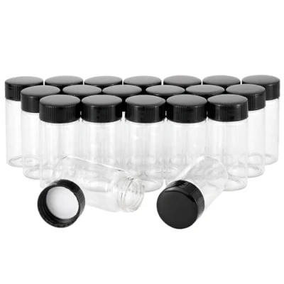 Imagen de Unxuey 20 frascos de vidrio transparente ml (2/3 onzas), botellas muestra con rosca plástico, tapa negra, recipiente para laboratorio