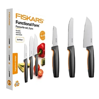Imagen de Fiskars Set de Cuchillos cocina, 3 piezas, Functional Form, Incluye Cuchillo chef (mediano), para verduras, pan, Acero inoxidable japonés/plástico, 1057559