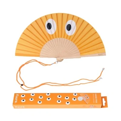 Imagen de Fisura Abanico original con estampado de ojos naranjas. madera moderno y colorido. Ventilador mano naranja. Colgador incluido. Medidas: 42,5 x 23 cm