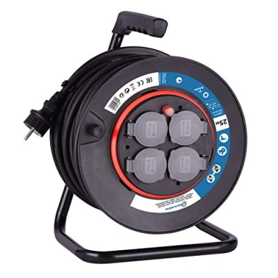 Imagen de Electraline 49125 Allargador Enrollacables con Tomas de Corriente fijas 25 M, Pletina Fija, Cable H05 VV F secciòn 3G1,5 mm², Negro, NEW