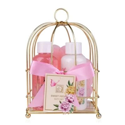 Imagen de Accentra Set de regalo para mujer SWEET PEONY en una bonita cesta alambre cuidado 3 piezas con gel ducha y loción corporal bienestar cumpleaños o Navidad