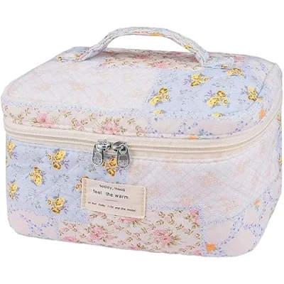 Imagen de FDEETY Neceser de Maquillaje Viaje Bolsa Cosméticos Grande Algodón para Mujeres Niñas Aseo Cubs Cerezas Floral con Cremallera Violeta