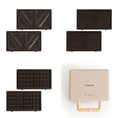 Imagen de CREATE/STONE STUDIO/Sandwichera Grill y gofrera doble arena / 3 placas intercambiables: Grill, Gofre Sandwich, antiadherente, apertura 100º, 2 rebanadas, autoapagado, retro, 800W