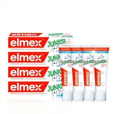 Imagen de Elmex Junior Protección Caries Pasta de Dientes Infantil, Pack 4 Uds x 75ml, Protege contra la Caries, Dentífrico para Niños 6 12 Años, Contiene Fluoruro Amina