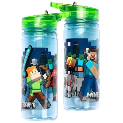 Imagen de Minecraft botella de agua con pajita 580 ml, 100 % a prueba fugas, duradera, escolar, plástico resistente y sin BPA, color azul oscuro