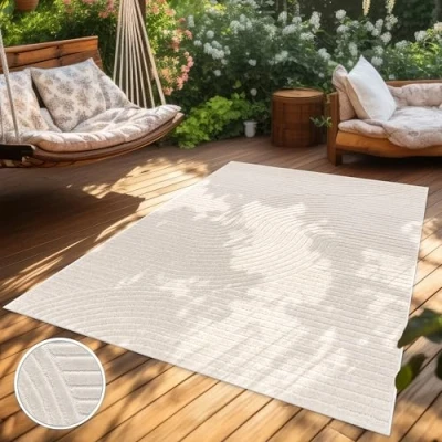 Imagen de Paco Home Alfombra Salon De Habitacion Cocina Exterior Terraza Jardin Motivo Nordica Boho Chic Lisa, tamaño:200x290 cm, Color:Crema 2