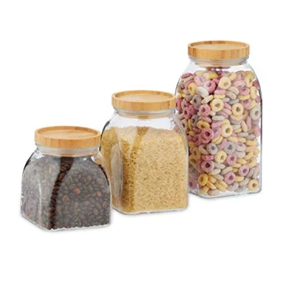 Imagen de Relaxdays Botes Cristal, Set de 3, 600, 1000, 1400 ml, Cereales, Pasta, Legumbres, Tapa Bambú, Transparente/Natural, Poliéster