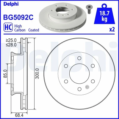 Imagen de DELPHI BG5092C Disco de freno 300 28 6 ventilado revestido altamente carbonizado sin cojinete rueda, anillo sensor ABS